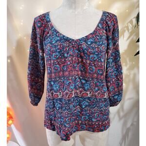 Lucky Brand Boho Paisley Red White Blue Patriotic Blouse Womens Size XS Top